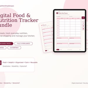 May include: A digital food and nutrition tracker bundle featuring a tablet displaying a weekly meal planner template. The interface includes text such as MyOtherShopDesigns, 38 Reusable Pages, Fully Hyperlinked, Undated, and 3:4 Portrait.