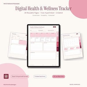Op de afbeelding: Een digitale gezondheids- en welzijnstracker met 38 herbruikbare, ongedateerde en volledig gelinkte pagina's. De interface toont een dashboard met secties voor stemming, energie, slaap, water en symptomen, compatibel met Goodnotes, Notability en Noteshelf.