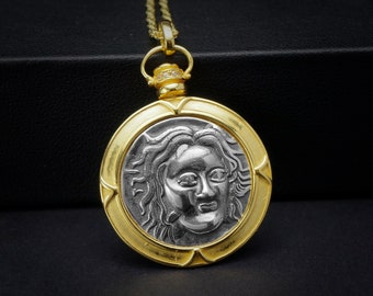 Ancient Greek Gold Coin Replica Pendant, Helios Sun God Coin Necklace, Statement Women/Men Jewelry Greek Jewelry, Greek Mythology,UniqueGift