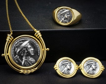 Patronus de Géminis Mercurio grabado moneda collar 925 conjunto de joyas de plata esterlina Hobo níquel pendientes Vintage tallado moneda anillo regalo para ella