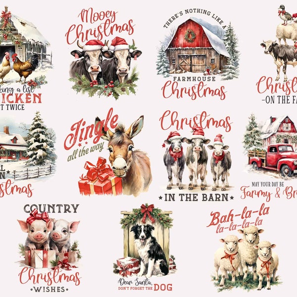 Paquet de ferme de Noël, clipart aquarelle de ferme de Noël, sublimation de Noël, grange de Noël PNG, ferme de Noël Png, Noël png