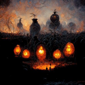 Könnte beinhalten: Eine düstere Halloween-Szene mit leuchtenden Kürbislaternen im Vordergrund und unheimlichen Formen im Hintergrund. Die Farbpalette wird von Orange, Schwarz und Grau dominiert, was eine geheimnisvolle Atmosphäre erzeugt.
