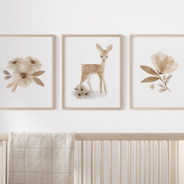 Boho Nursery Wall Art, Set of 3 Prints, Deer Nursery Decor, Floral Deer Nursery Prints, Boho Nursery Prints, Woodland Nursery Wall Art