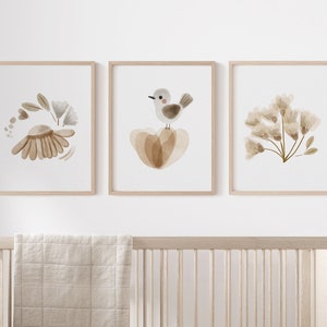 Boho Nursery Prints, Set of 3 Prints, Boho Nursery Wall Art, Bunny Nursery Decor, Woodland Nursery Wall Art, Floral Bird Nursery Prints