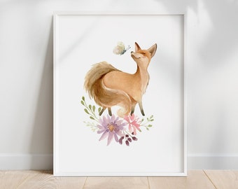 Blumen Fuchs Kinderzimmer Druck, Baby Mädchen Wandkunst, Fuchs Kinderzimmer Dekor, Mädchen Wald Kinderzimmer Dekor, Blumen Wald Dekor, Mädchen Kinderzimmer Dekor Fuchs