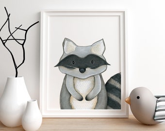 Woodland Nursery Prints, Woodland Nursery Decor, Raccoon Nursery Wall Art Print, Gender Neutral Nursery Art, Girl Boy Nursery, Baby Animals