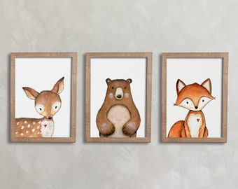 Woodland kwekerij prints, set van 3 prints, Woodland kwekerij decor, kinderkamer kunst aan de muur, herten Bear Fox neutrale kwekerij kunst, Fox kwekerij decor