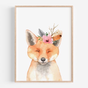Girl Woodland Nursery Decor, Floral Fox Nursery Wall Art, Floral Woodland Animals Wall Art, Pink Woodland, Boho Floral Fox Nursery Decor
