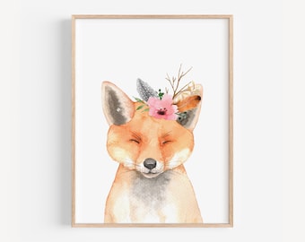 Mädchen Wald Kinderzimmer Dekor, Floral Fuchs Kinderzimmer Wandkunst, Floral Waldtiere Wandkunst, Rosa Wald, Boho Floral Fuchs Kinderzimmer Dekor