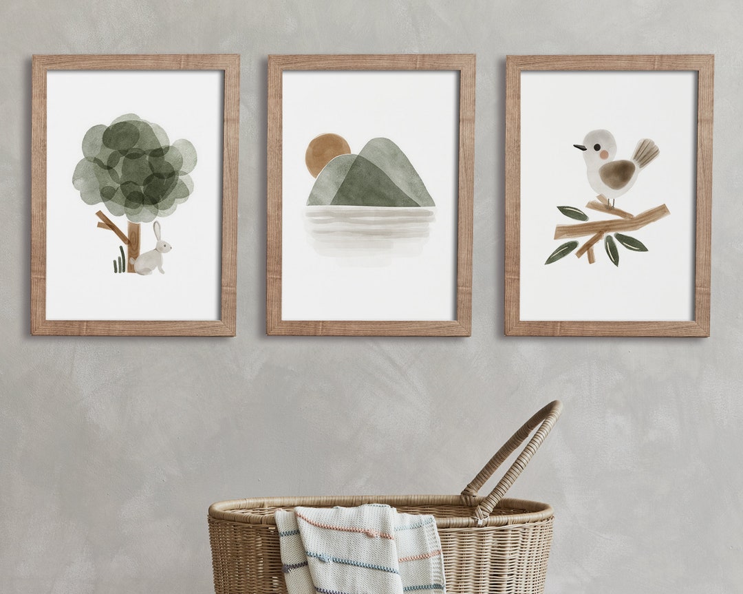 Woodland Nursery Wall Art, Set of 3 Prints, Bird Green Nursery Wall Art ...