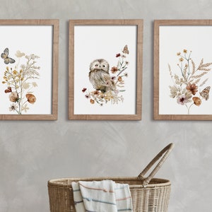 Conjunto de 3 estampas de berçário Boho, decoração de berçário Boho, decoração de berçário de coruja, arte de parede de berçário de coruja floral de flores silvestres, menina de berçário Boho, arte de flores