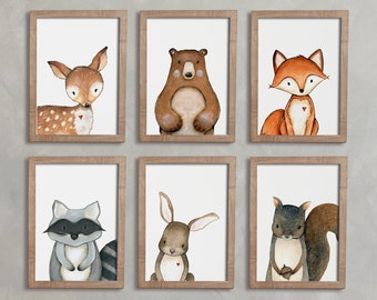 Arte de la pared del vivero del bosque, conjunto de 6 grabados, decoración del vivero del bosque, animales bebés, impresiones del conejito del zorro del oso del ciervo, arte del vivero neutral del género