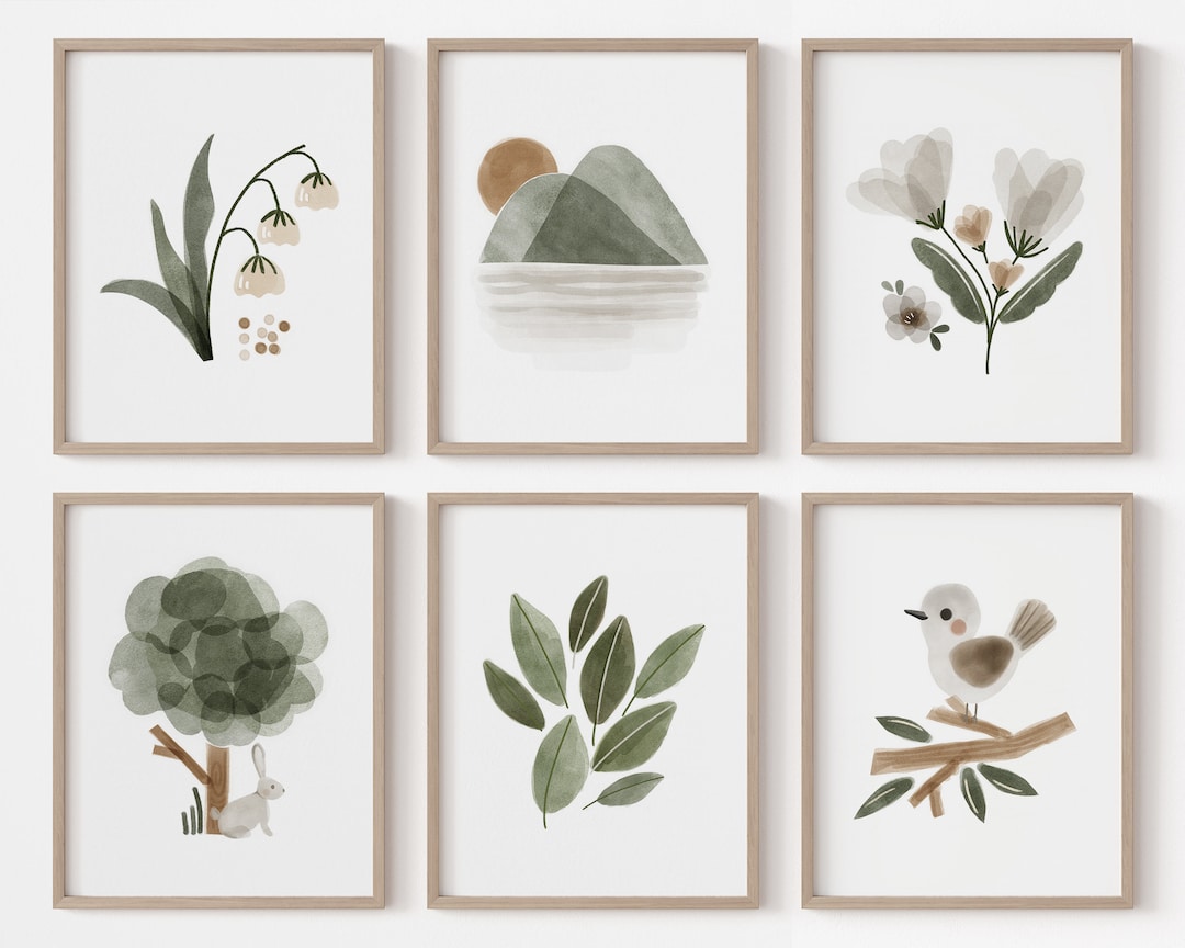 Woodland Nursery Wall Art, Set of 6 Prints, Green Nursery Wall Art