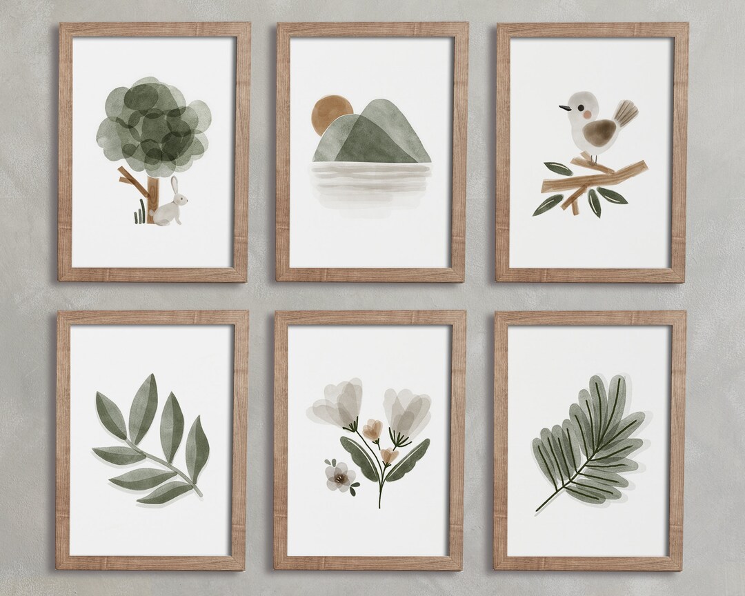 Woodland Nursery Decor, Set of 6 Prints, Green Nursery Wall Art