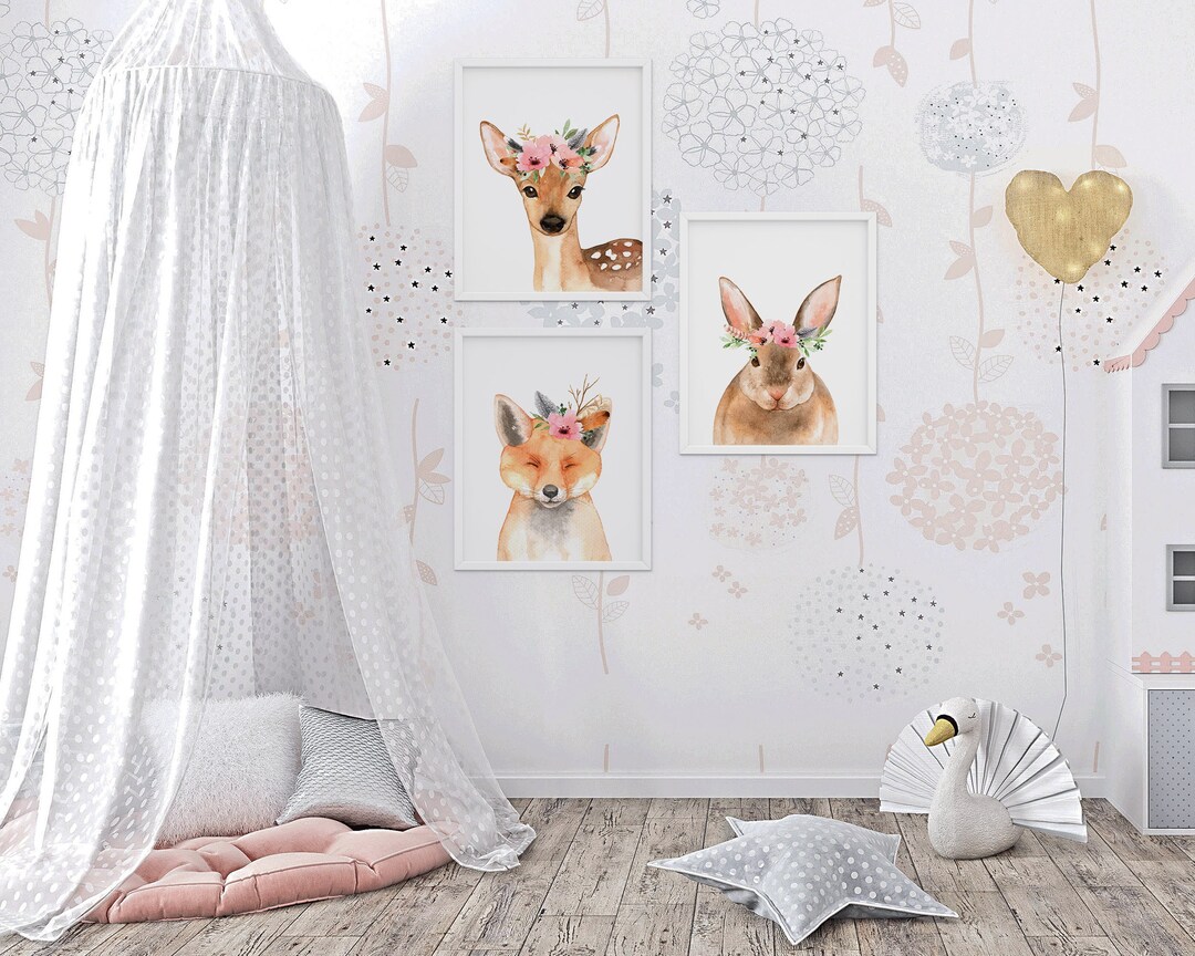Girl Woodland Nursery Decor, Set of 3 Prints, Floral Woodland Animals