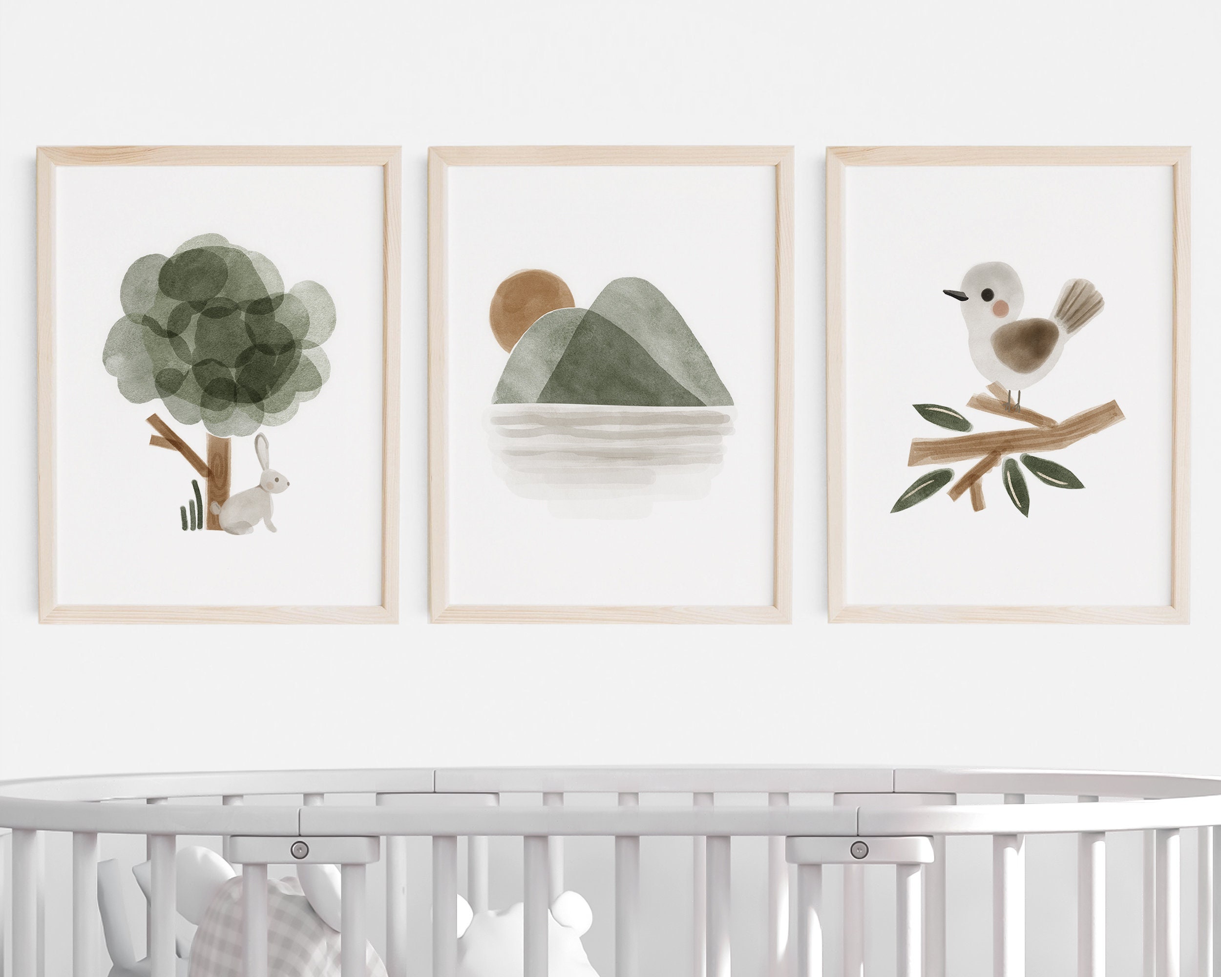 Woodland Nursery Wall Art, Set of 3 Prints, Bird Green Nursery Wall Art ...