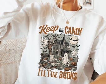 Retro Ghost Reading Sweatshirt: Halloween Book Lover Crewneck
