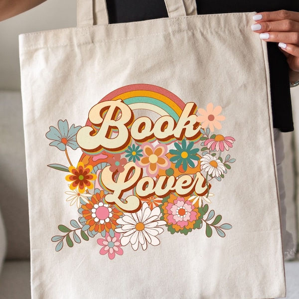 Retro Floral Cotton Canvas Tote Bag for Book Lover Gift Reusable Shopping Tote Birthday Gift for Avid Reader Bookish Gift for Sister