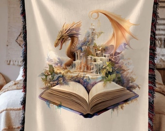 Fantasy Dragon Woven Blanket  Dark Academia Throw for Book Lovers