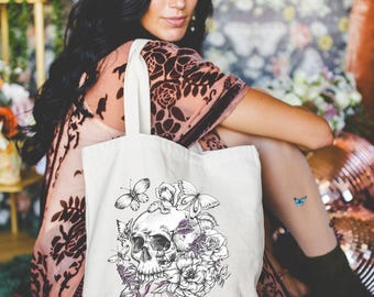 Dark Academia Canvas Tote Bag: Literary Skull & Butterfly Design