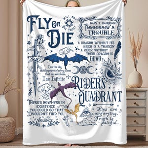 Fourth Wing Book Lover Blanket Reading Nook Throw featuring black, gold and blue dragons with quotes and sayings from Fourth Wing series