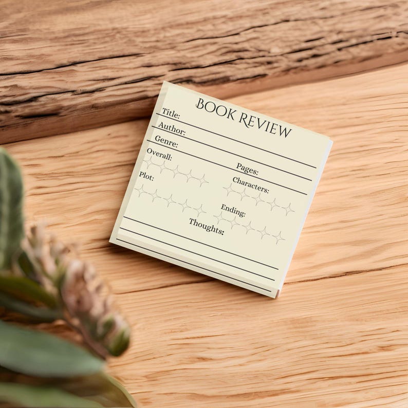 May include: A beige book review template with a title, author, genre, overall rating, pages, characters, ending, plot, and thoughts sections. Each section has a blank line for writing and a row of stars for rating.