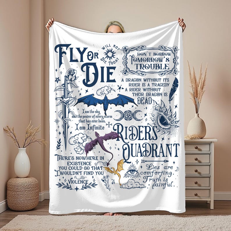 Fourth Wing Book Lover Blanket Reading Nook Throw featuring black, gold and blue dragons with quotes and sayings from Fourth Wing series