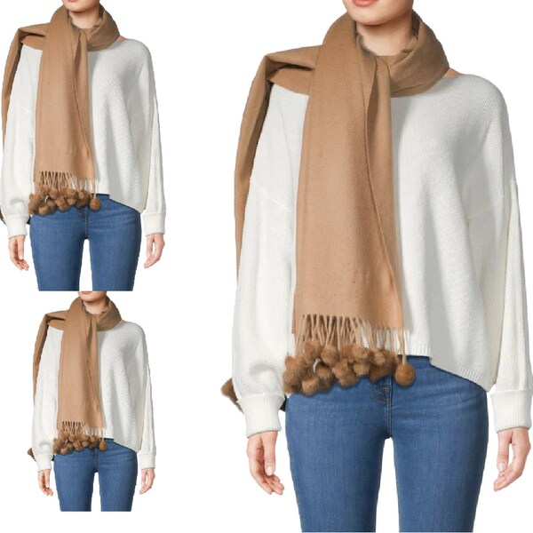 Damen Kaschmir Schal dunkel Beige Pom Pom Schal Quaste Herbst Winter Pashmina Schals Woman Winter kariert Damen Fell weich Wraps Schal Schal