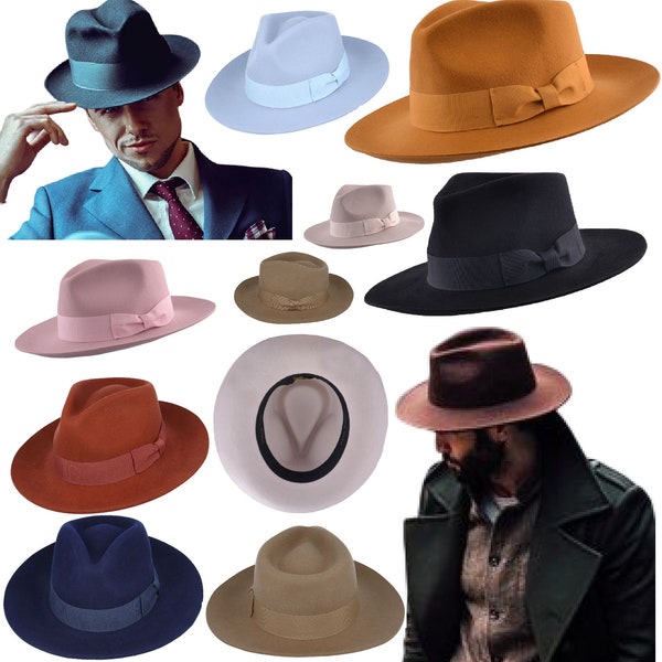 Mens Fedora Hat Gladwin Bond Grace Snap-Brim Wool Wide Trilby Men Al Capone Hats