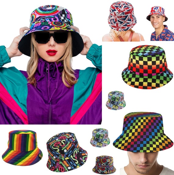 Ladies Bucket Hat Union Jack Rainbow Checkerboard Geometric