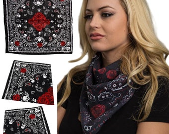 Bandanas Skull Roses & Paisley Bandana Headwear Wrap Scarf Neckerchief Cotton Adults Headwrap Headscarf Headband Neck Tie Bandanna