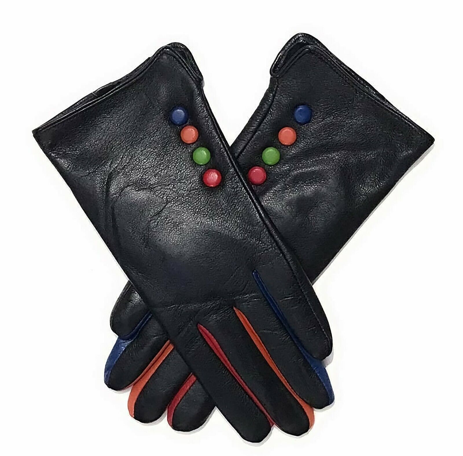 Ladies Leather Gloves Coloured Button Leather Gloves Women's Multi