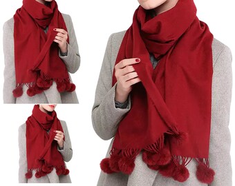 Ladies Cashmere Scarf Maroon Pom Pom Shawl Tassels Autumn Winter Pashmina Scarves Woman Winter Plaid Women’s Fur Soft Wraps Shawl Scarf