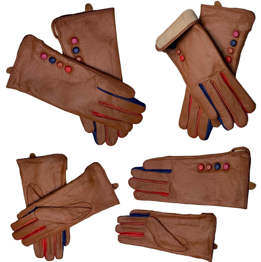 Camel Leather Gloves Button Multi Coloured Ladies Leather Etsy