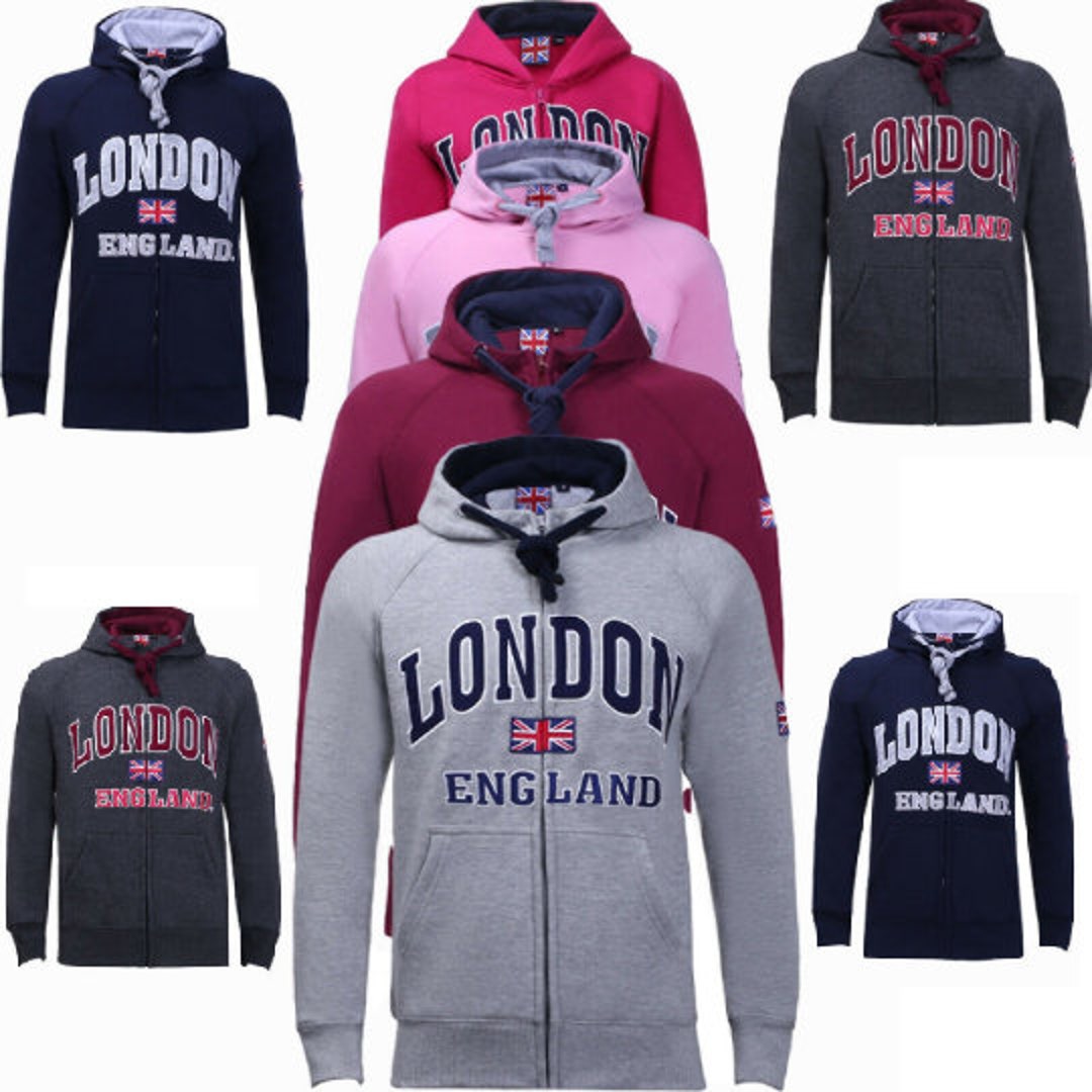 London England Hoodies Fleece Full Zip Two Pocket Printed Sweatshirt 