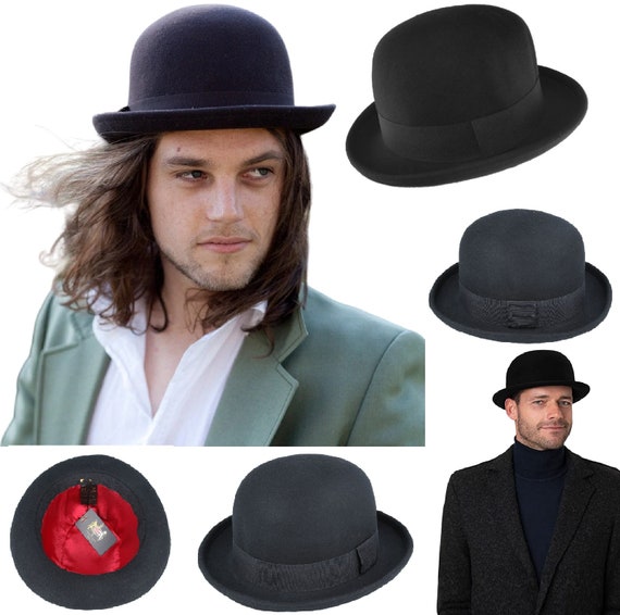 Bowler Hat Soft Crushable Wool Mens Women's Black Satin Lined Round Derby  Hats 