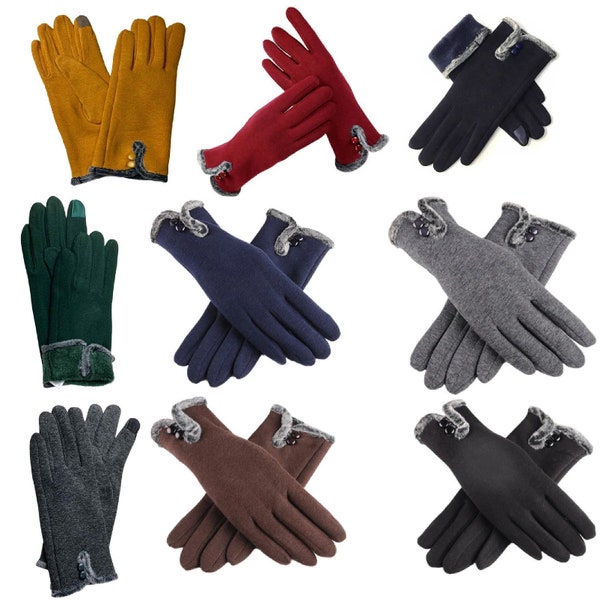 Gants en fausse fourrure avec boutons, gants thermiques pour écran tactile, hiver chaud pour femmes, gants en polaire épais, doux et confortables pour femme, taille unique UK S-M-L