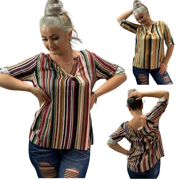 Ladies Top Shirt Women’s Striped Turn Up Sleeve Button Blouse Tops V-Neck Tee Most Fit One Size UK 8-16