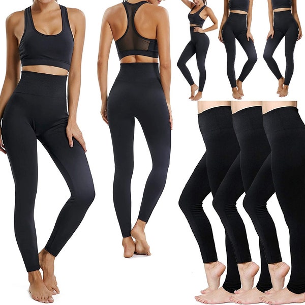 Dames Polaire Thermique Leggings Noir Taille Haute Ventre Contrôle Épais Chaud Hiver Doublé Pantalon Pantalon Décontracté Gym Wear