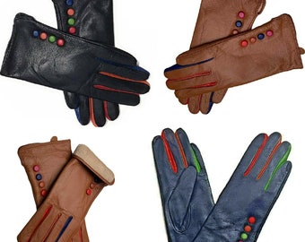 Gants en cuir pour dames Gants en cuir bouton colorés Gants en cuir multicolores pour femmes avec boutons Gants chauds en cuir véritable