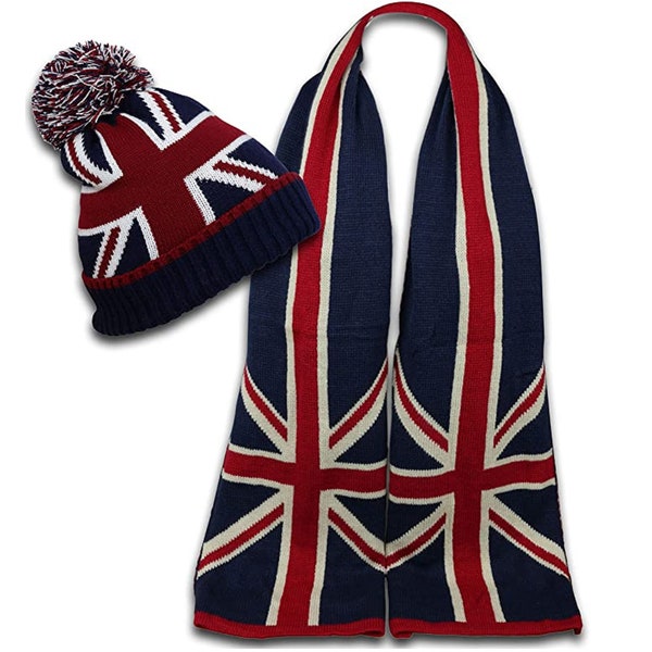 Union Jack Woolen Scarf With Beanie Set Unisex Blue British Flag Print Soft Scarves Acrylic England Warm Winter Great Britain One Size