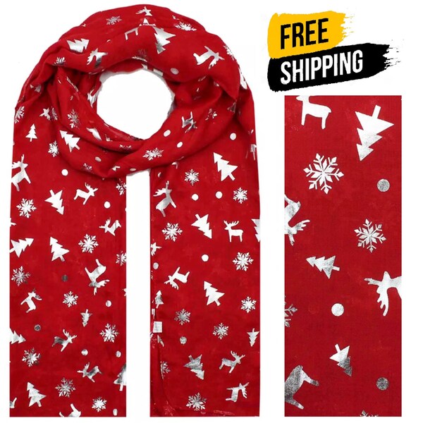 Ladies Christmas Scarf Snowflake Red Silver Foil Metallic Tree Reindeer Stole Soft Wrap Xmas Present Gift Women's Scarves & Shawls Wraps