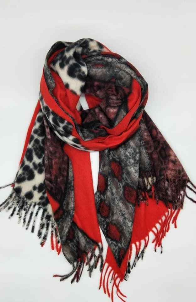 Red Silky Wrap Scarf with Compression Edge Band Leopard