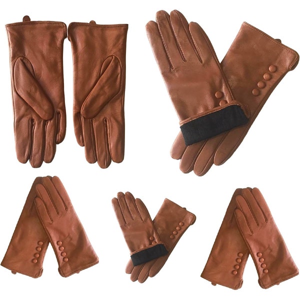 Camel Leather Button Gloves High Quality Winter Gloves Women's Genuine Super Soft Driving Warm Nappa Driving Warm | Real Leather Gloves