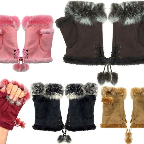 Ladies Faux Fur Fingerless Gloves Pom Pom Winter Trim Mittens Gloves Soft Warm Lined Thermal UK One Size