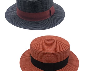 Women Lady's Straw Bowler Boater Sun Hat Round Flat Caps Wide Brim Summer Beach One Size