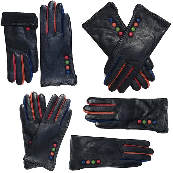 Gants en cuir noir Bouton Multicolore Dames Gant en cuir Gants en cuir pour femmes avec boutons Gants chauds en cuir véritable d’hiver