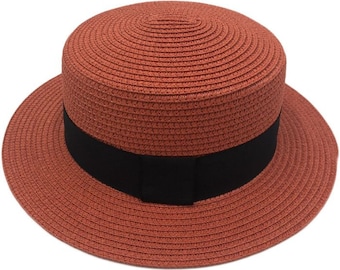 Summer Boater Hat Burgundy Women Lady's Straw Bowler Sun Hat Round Flat Caps Wide Brim Beach One Size