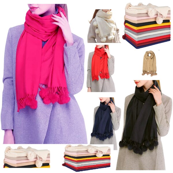 Cashmere Scarf Pom Pom Shawl Tassels Pashmina Autumn Winter Ladies Fur Scarves Womans Pashmina Winter Plaid Multi-Color Soft Shawl Scarf