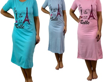 Women’s Nighty Paris Nightshirt Eiffel Tower Ladies Nightdress Soft Cotton Short Sleeve Nightwear